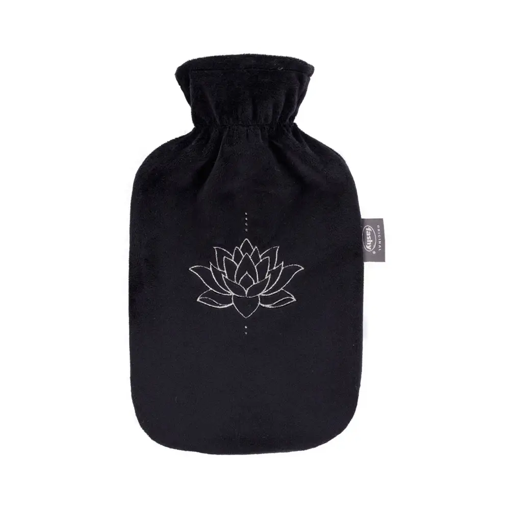 Fashy Hot Water Bottle With Removeable Cover Black Plush Gold Lotus Flower - Hot Water Bottles