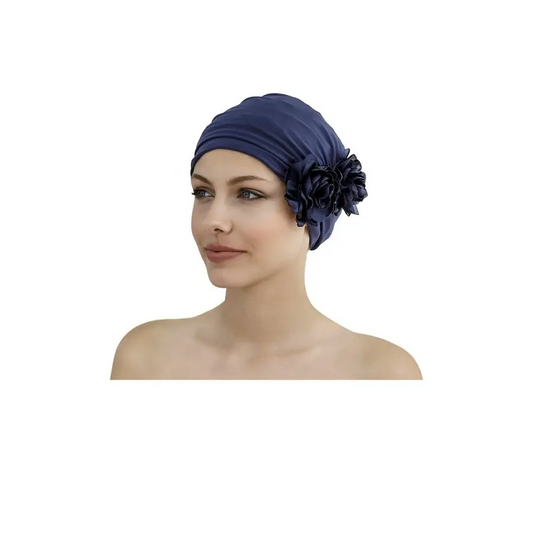 Fashy Navy Swim Turban by Fashy With Flower Decoration - Swimming Caps