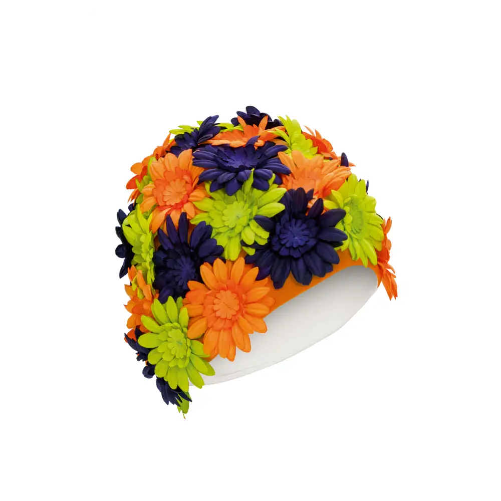 Retro style Fashy green swim cap decorated with bluorange flowers. Fine Saratoga UK