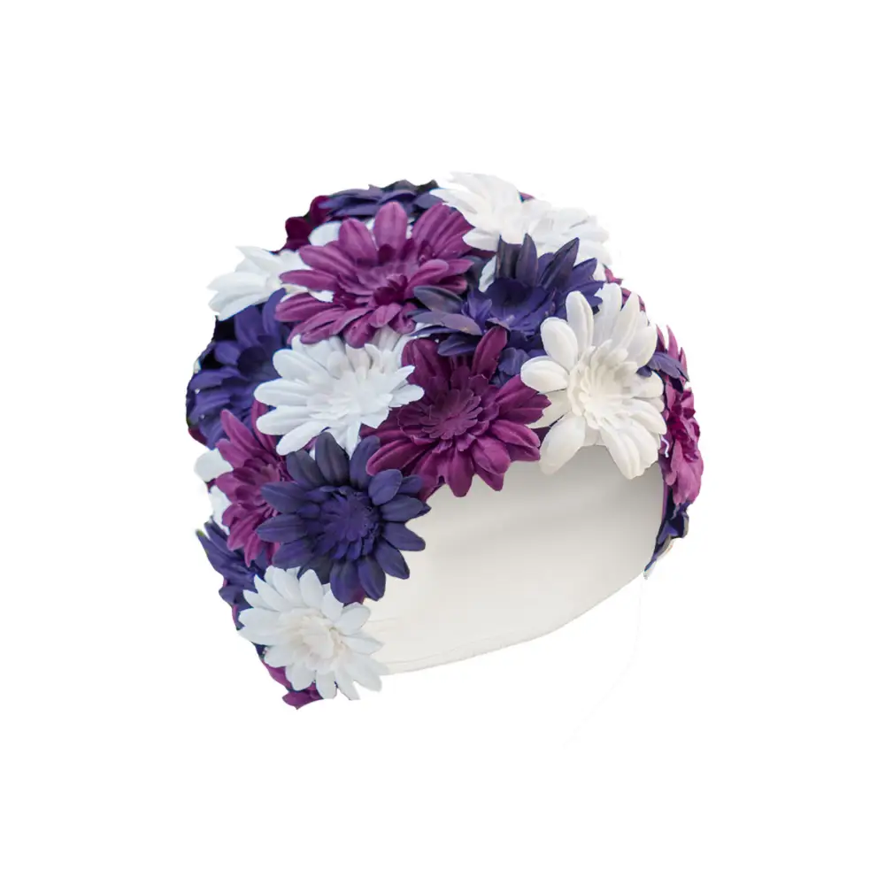 ladies swim cap bny Fashy decorated with pretty purple and white flowers fine saratoga UK