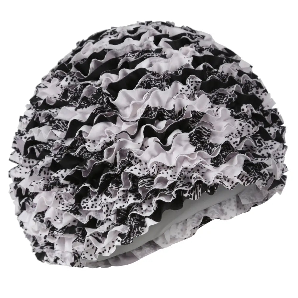 Ruffled Black & White Frilly Swimming Hat by Fashy with floral design for stylish swimmers