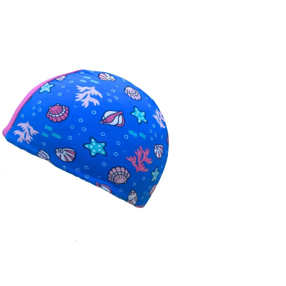 Childrens Girls Fabric Swim Cap Pink Blue Sea Shells - Childrens Swimming Caps