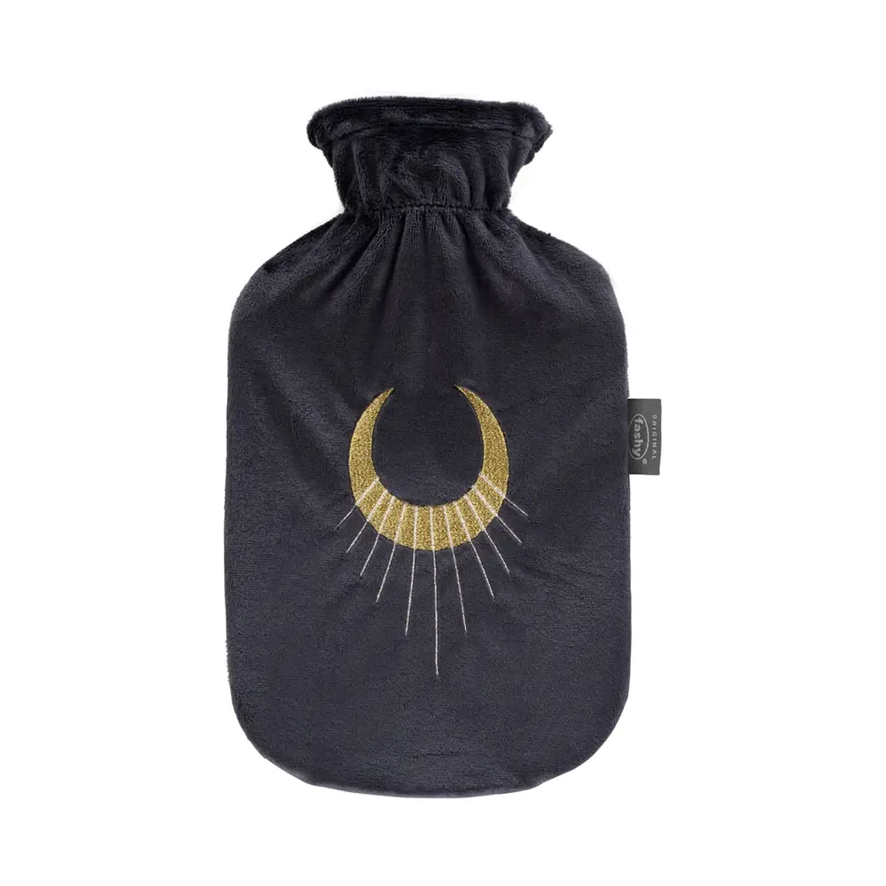 Fashy Hot Water Bottle With Removeable Cover Black Plush Gold Moon - Hot Water Bottles