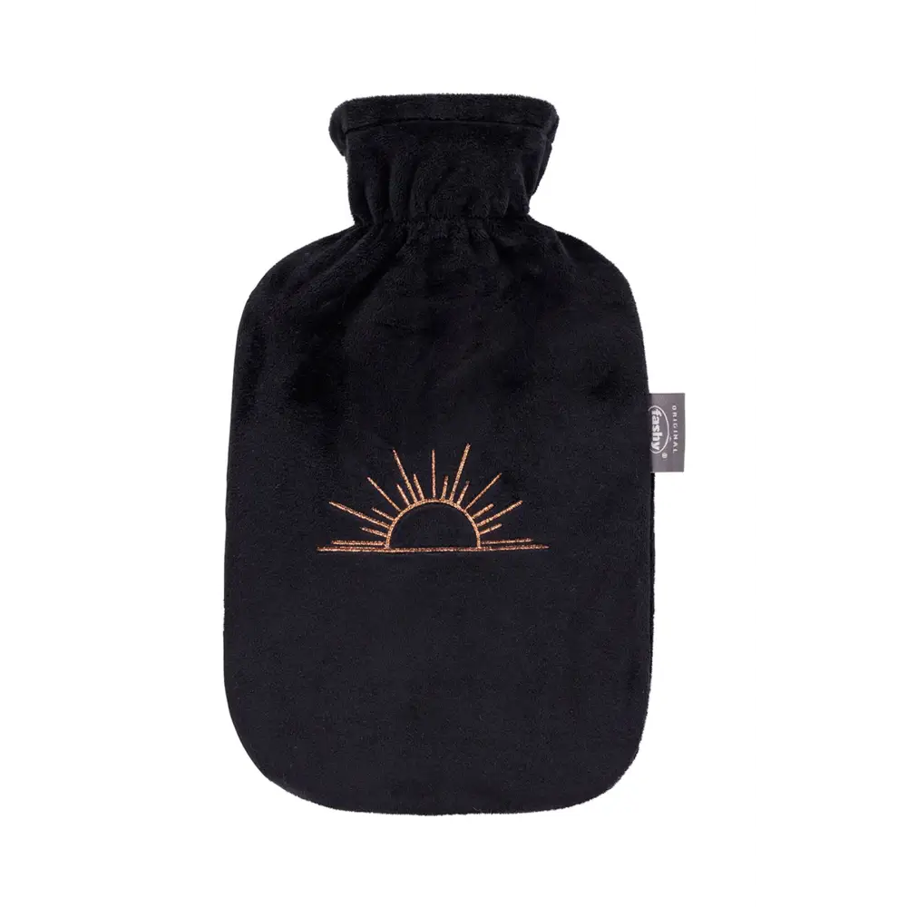 Fashy Hot Water Bottle With Removeable Cover Black Plush Rising Sun - Hot Water Bottles