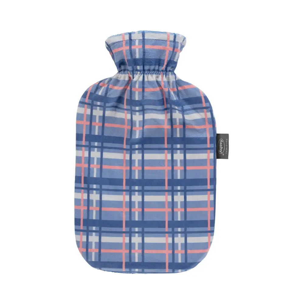 Fashy Hot Water Bottle With Removeable Cover Tartan 100% Cotton 2 Litre - Blue - Hot Water Bottles