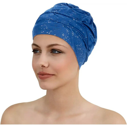 Glamorous Swim Turban Womens’ Swim Hat With Velcro Fastener Blue Sparkly 3434 - Swimming Hats