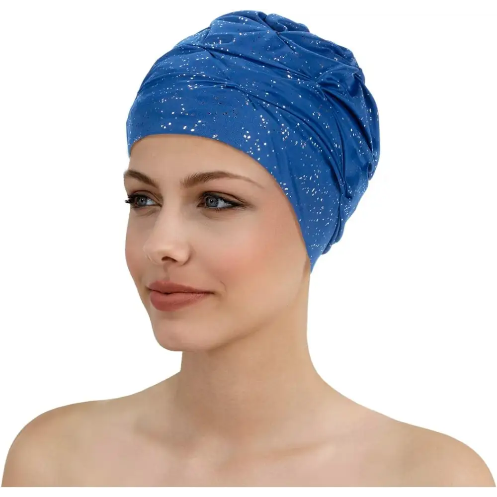 Glamorous Swim Turban Womens’ Swim Hat With Velcro Fastener Blue Sparkly 3434 - Swimming Hats