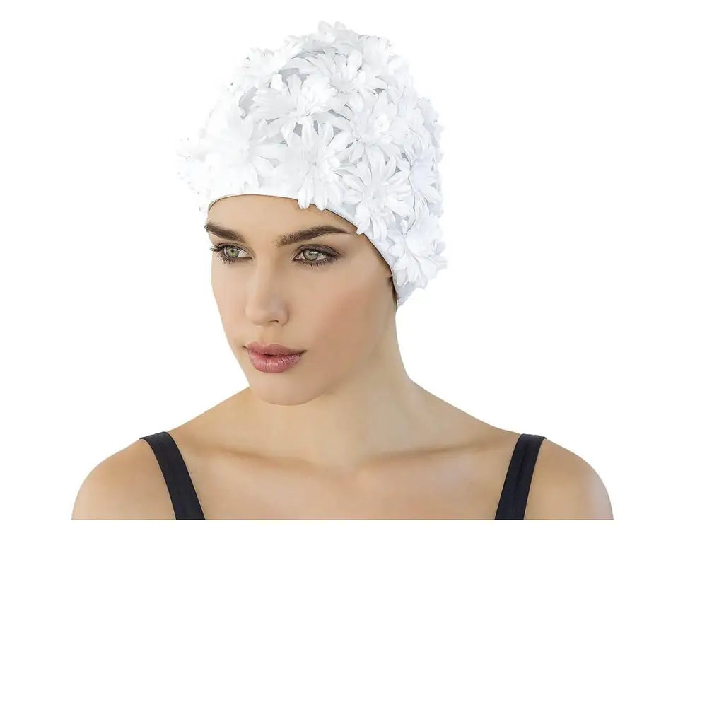 Woman Wearing Pretty White Flowery Swimming Hat by Fashy - Fine Saratoga UK