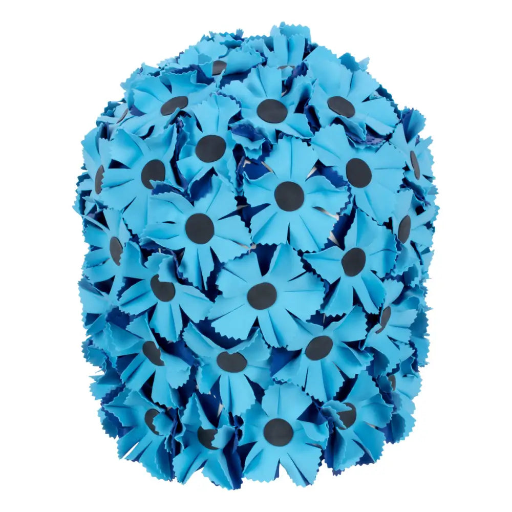 Cluster of bright blue paper daisies with dark centers on Vintage Style Blue Black Flower Petal Swimming Hat